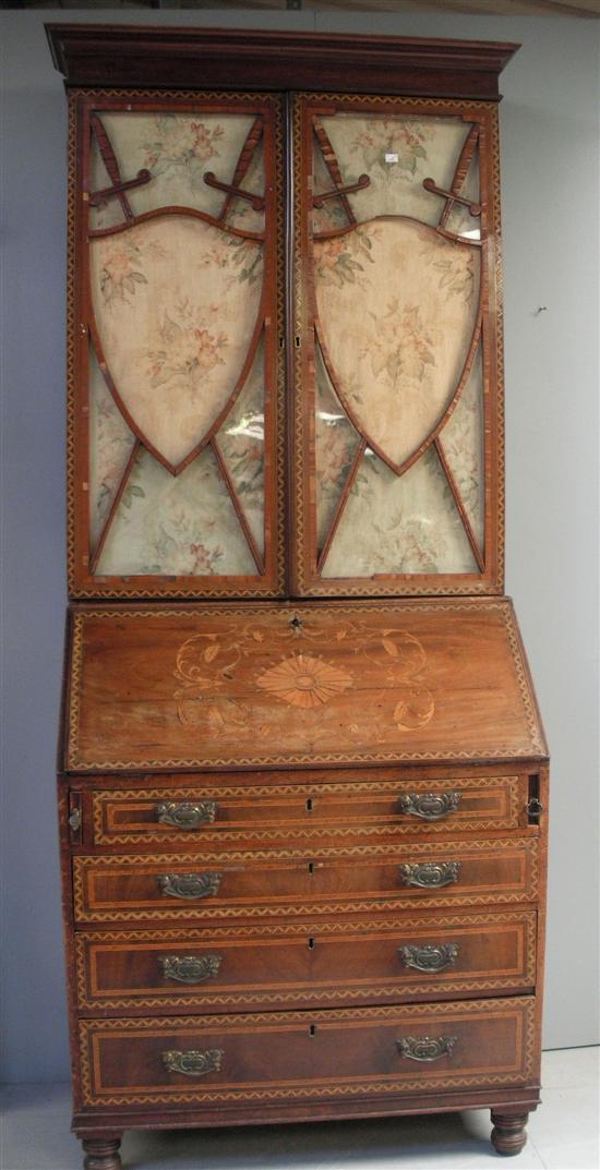 Appraisal: Edwardian inlaid mahogany bureau bookcase with four long drawers and