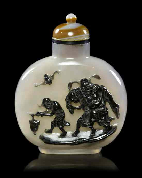 Appraisal: A Chinese Cameo Carved Agate Snuff Bottle of black over