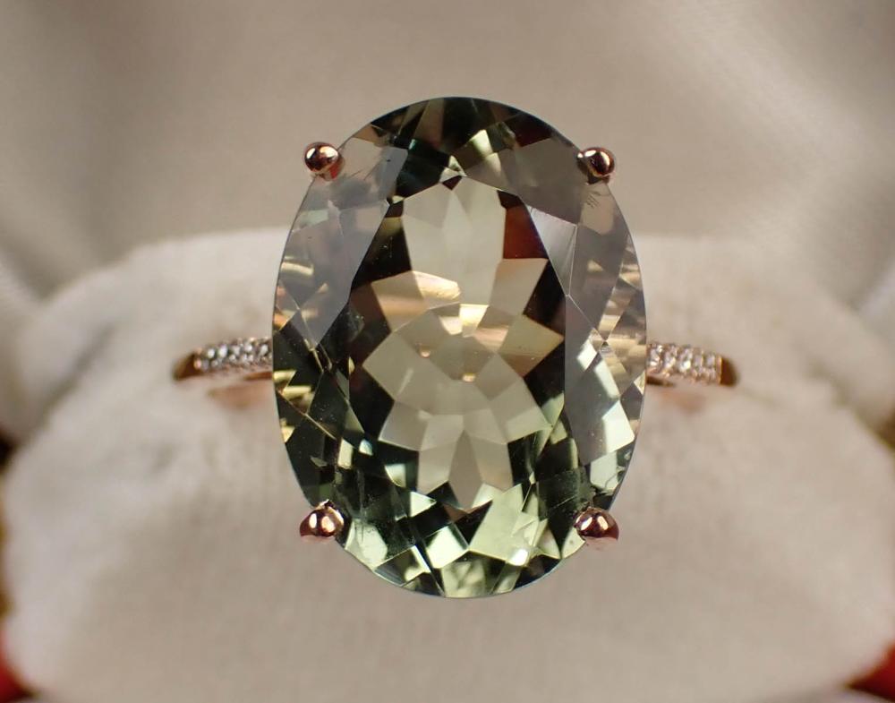 Appraisal: PRASIOLITE DIAMOND AND FOURTEEN KARAT GOLD RING The k rose