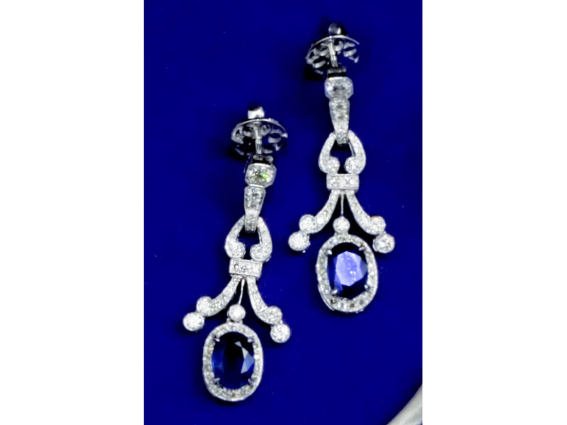 Appraisal: SAPPHIRE AND DIAMOND EARRINGS k white gold dangling pierced earrings