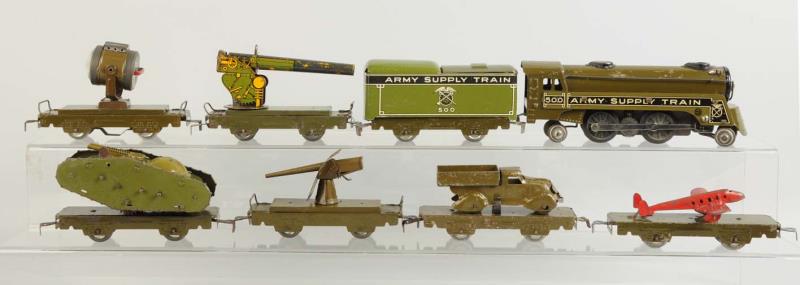 Appraisal: Marx Tin Litho Army Train Set With army supply train