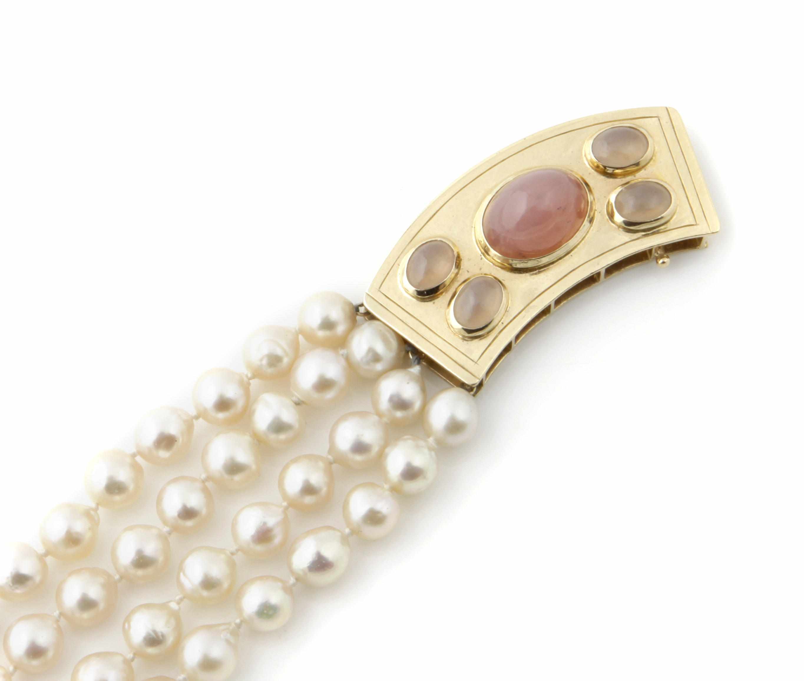 Appraisal: A cultured pearl quartz and gold multi-strand necklace length in