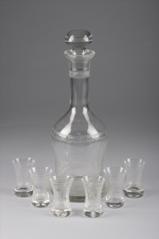 Appraisal: BOHEMIAN ETCHED GLASS CORDIAL SET Comprising twelve cordials and decanter