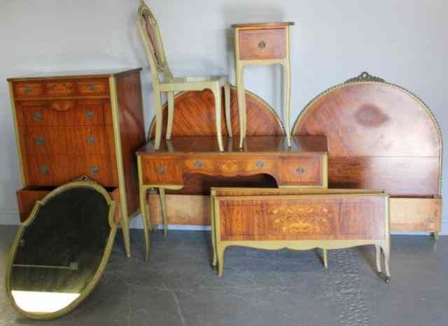 Appraisal: Satinwood Inlaid and Paint Decorated Bedroom Set Includes a high