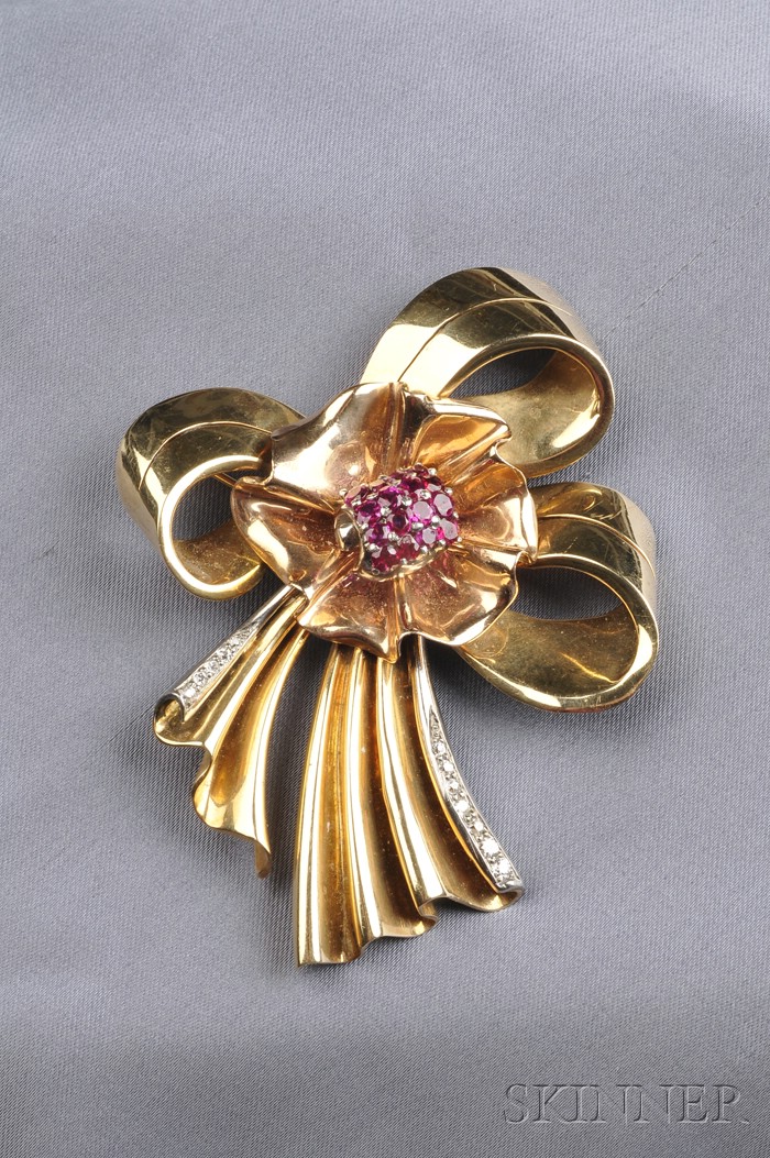 Appraisal: Retro Bicolor Gold Ruby and Diamond Bow Brooch set with