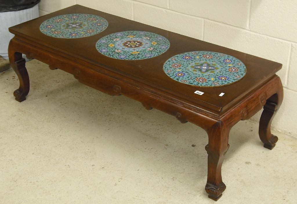 Appraisal: Chinese hardwood opium table inset with three diameter cloisonne panels