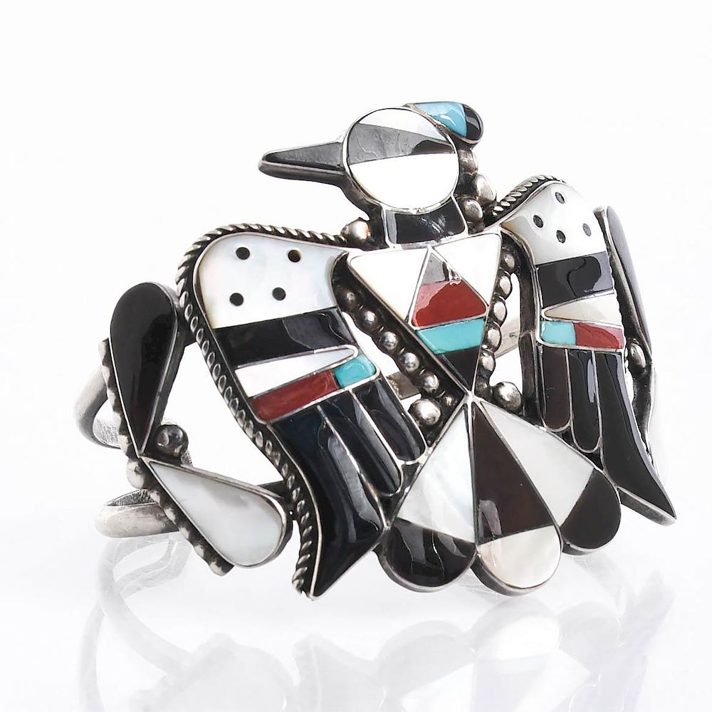 Appraisal: BOBBY CORRAINE SHACK ZUNI THUNDERBIRD SILVER BRACELET Mosaic inlay of