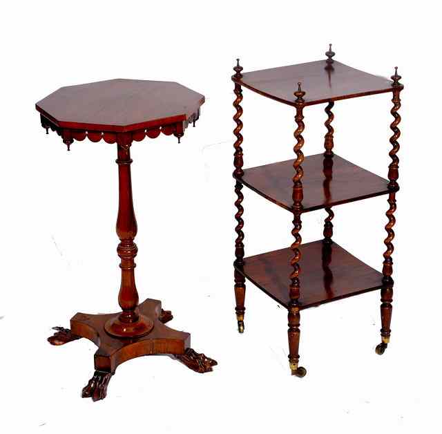 Appraisal: A VICTORIAN ROSEWOOD THREE TIER WHATNOT with barley twist column