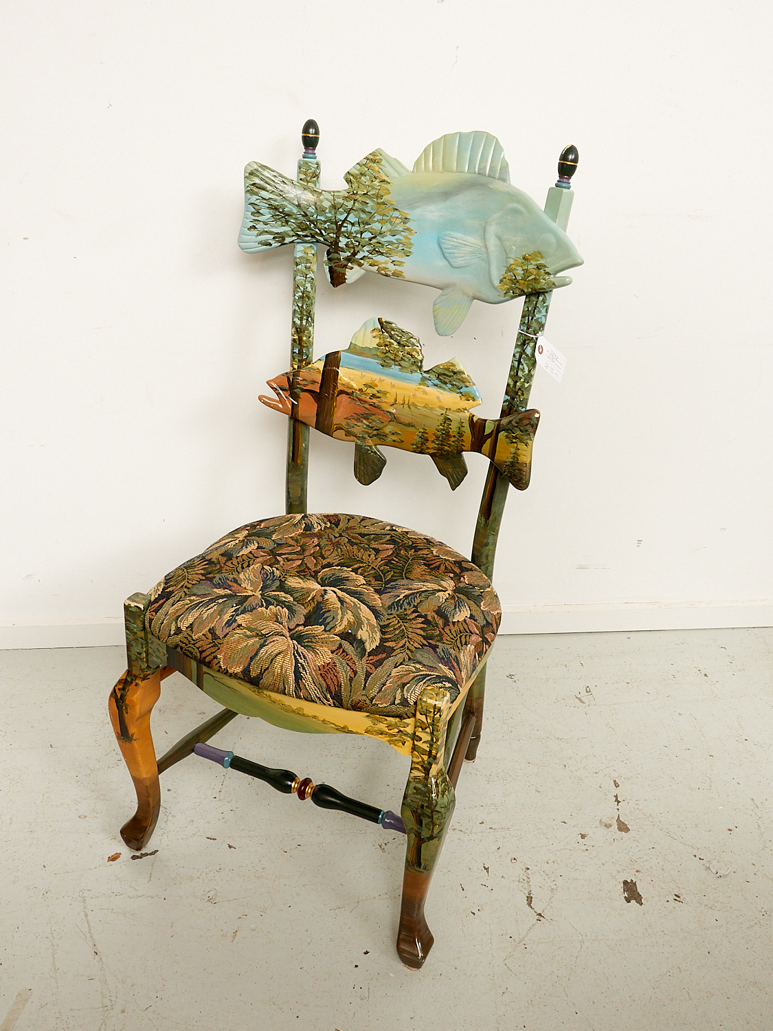 Appraisal: MACKENZIE-CHILDS FOREST FISH HAND-PAINTED CHAIR th st c ladder back