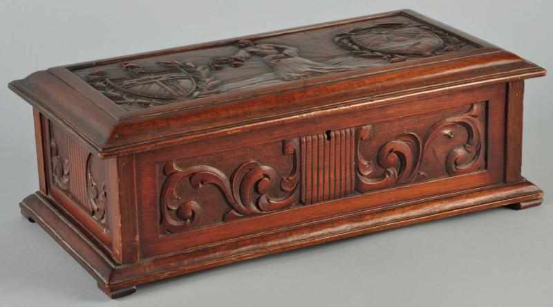 Appraisal: Carved Cuban Blind Justice Humidor Description s Highly carved hardwood