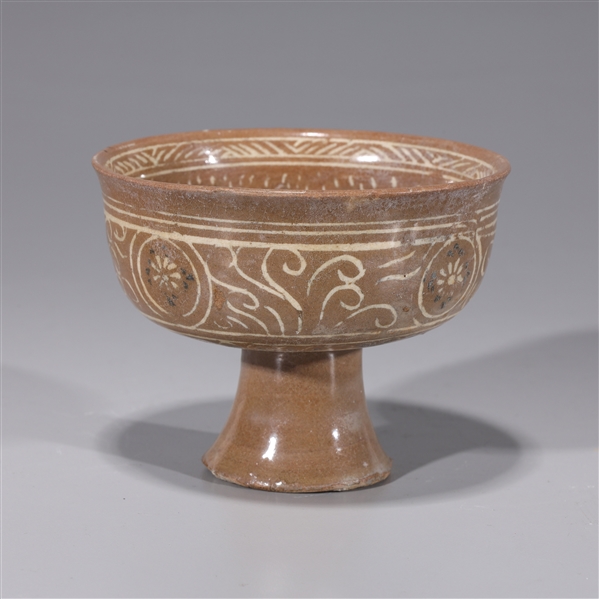 Appraisal: Korean ceramic brown glazed stem bowl with geometric designs to