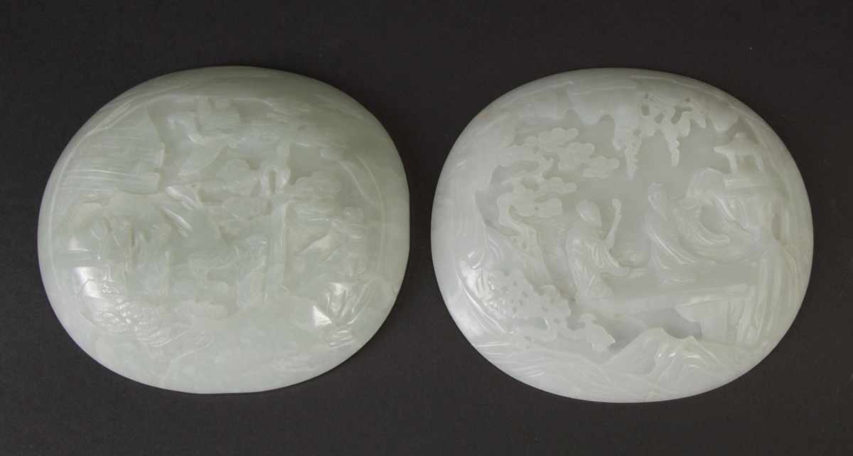 Appraisal: Chinese Carved White Jade Plaques Incised decoration of scholars temple