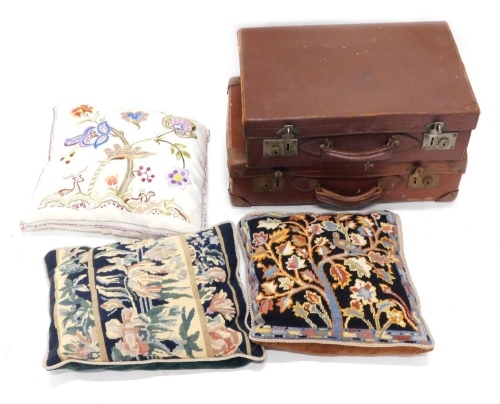 Appraisal: A pressed leather travel trunk another and two petit point