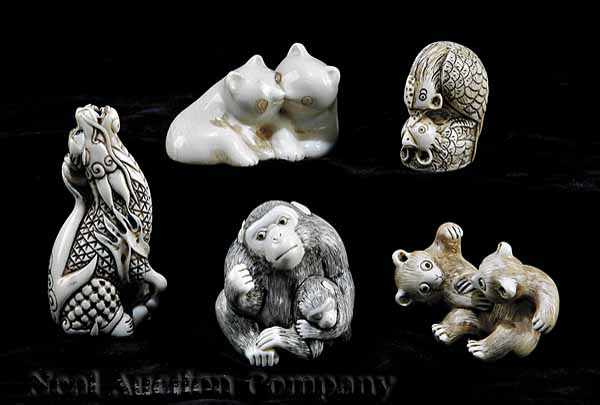 Appraisal: A Group of Five Japanese Ivory Netsuke including a chicken-rooster