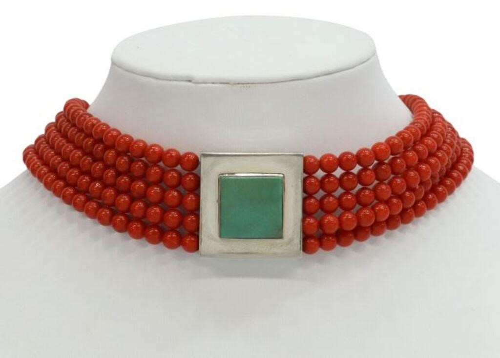 Appraisal: Native American sterling silver red coral and turquoise choker necklace