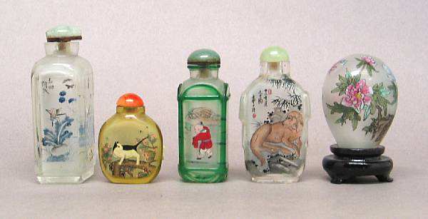 Appraisal: Four inside-painted glass snuff bottles th century Including one decorated