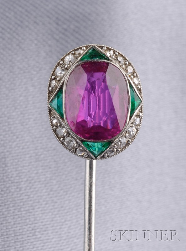 Appraisal: Art Deco Ruby Emerald and Diamond Stickpin Ghiso France bezel-set