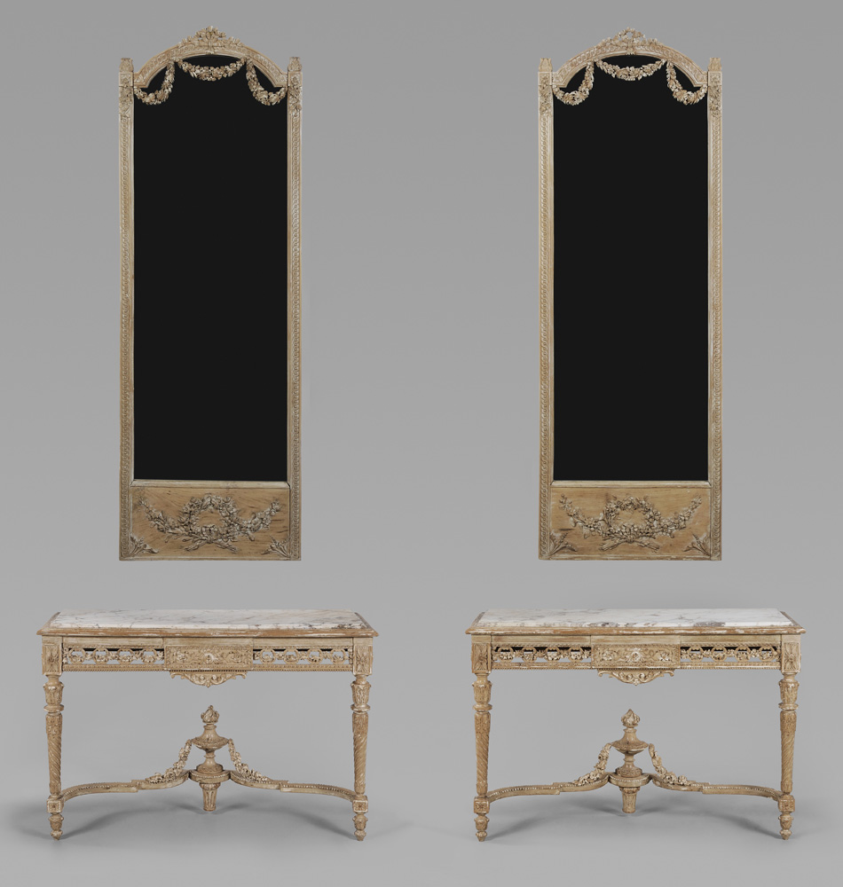 Appraisal: Pair Louis XVI Style Carved and Parcel Painted Pier Tables