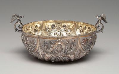 Appraisal: English silver bowl scalloped rim handles with horned angels acanthus