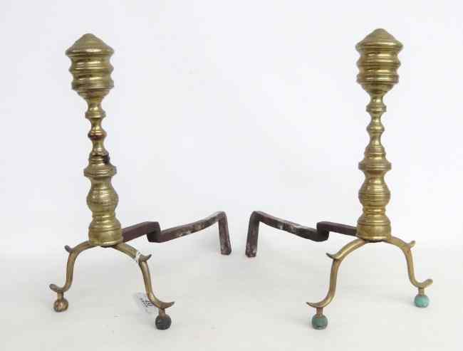 Appraisal: Pair th c brass beehive andirons '' Ht