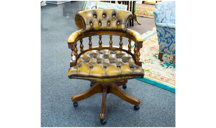 Appraisal: Leather Swivel Captains Chair Button Back Brown Leather Upholstered Back