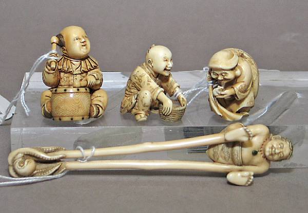 Appraisal: Four figural ivory carvings The first a sashi netsuke of