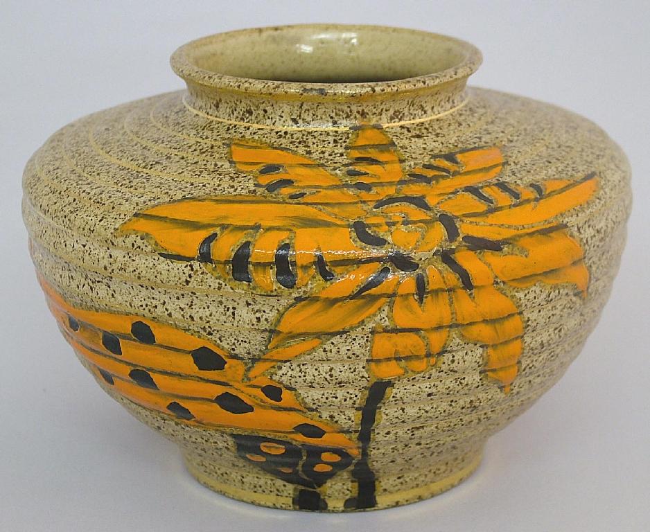 Appraisal: Goldstone' Bizarre vase painted with orange and black flowers upon