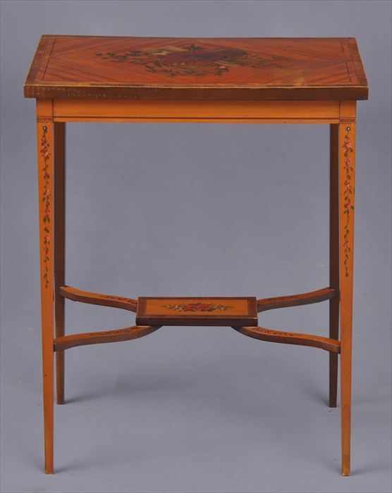 Appraisal: EDWARDIAN PAINTED SATINWOOD SMALL TABLE The cross-banded quarter-veneered top with