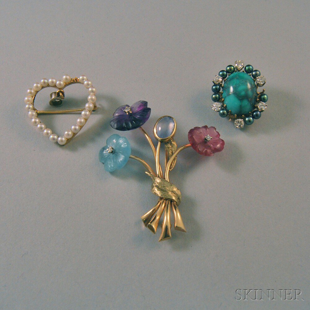 Appraisal: Three kt Gold Gem-set Pins a carved glass and stone