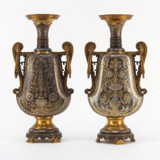 Appraisal: Pair th Century French Bronze Niello Urns Detailed Floral Motif