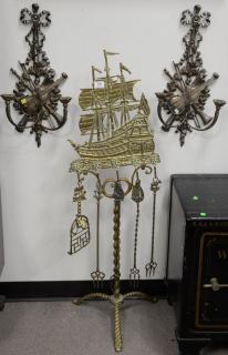 Appraisal: Pair of heavy brass musical candle sconces along with a