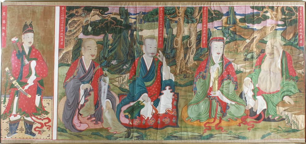 Appraisal: Antique Korean Temple Scroll Tempera on Linen Antique Korean horizontal