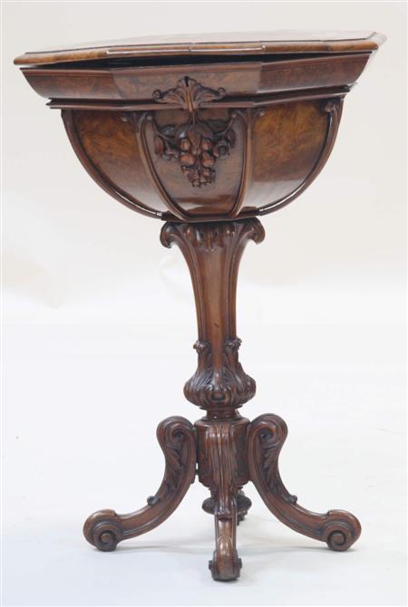 Appraisal: A Victorian burr walnut work table of octagonal form the