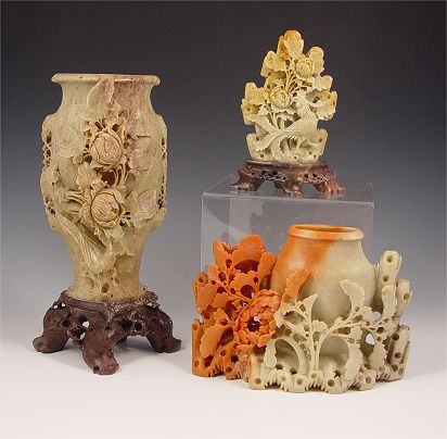 Appraisal: PIECE GROUP OF CHINESE CARVED SOAPSTONE Tall vase '' Ornamental