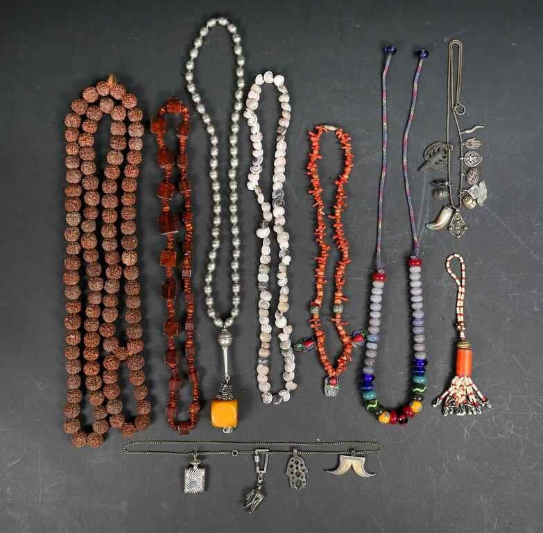 Appraisal: piece jewelry lot including carved nut necklace glass bead necklace