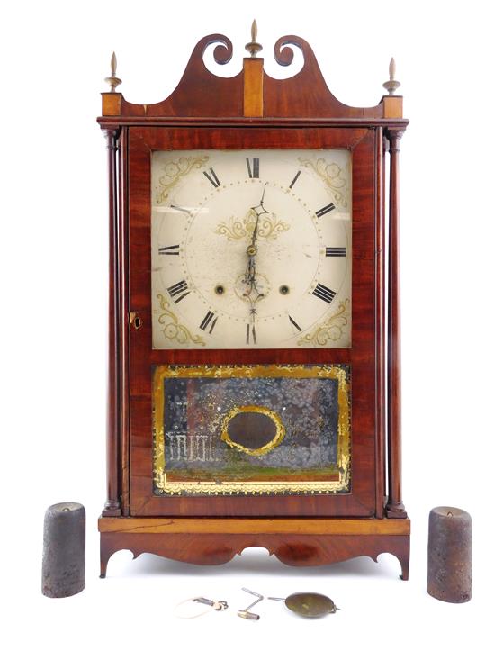 Appraisal: CLOCK Uncommon Eli Terry Bristol CT pillar and scroll shelf