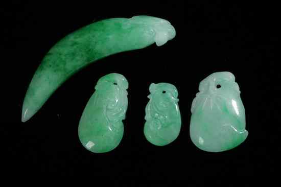 Appraisal: FOUR CHINESE APPLE GREEN JADEITE PENDANTS Carved to depict gourds