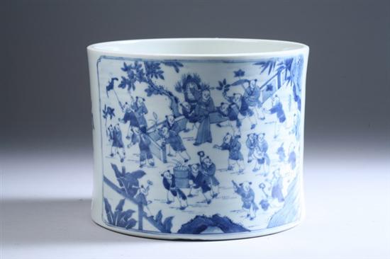 Appraisal: CHINESE BLUE AND WHITE PORCELAIN BRUSH POT Painted to depict