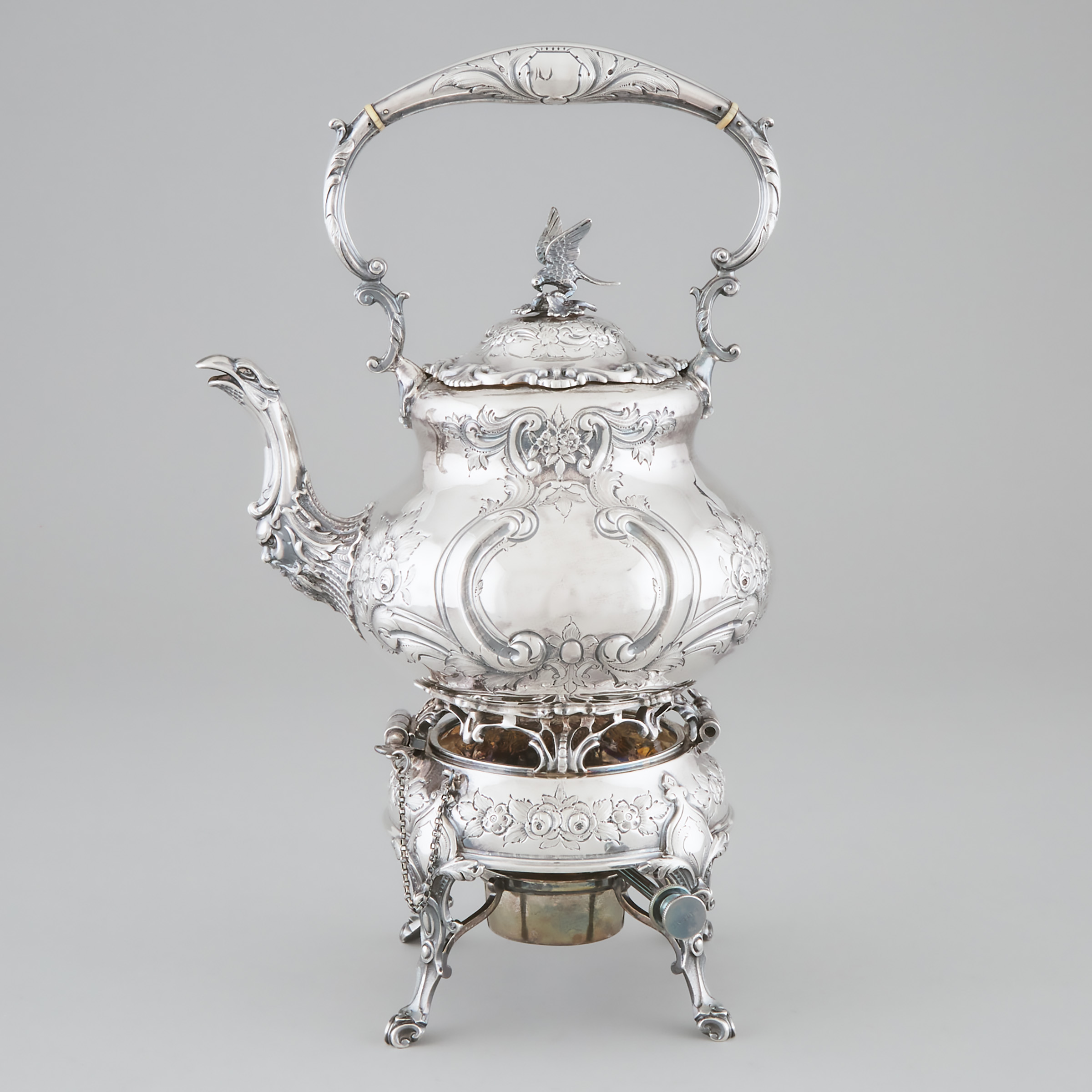 Appraisal: English Silver Tea Kettle on Lampstand Goldsmiths Silversmiths Co London