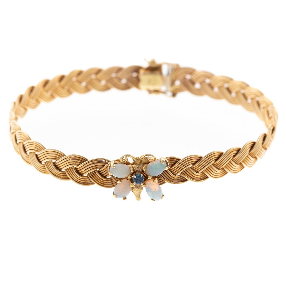 Appraisal: A K Woven Bracelet with Opal Butterfly K yellow gold