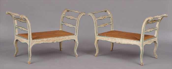 Appraisal: PAIR OF ITALIAN ROCOCO PAINTED RUSH SEAT BENCHES Each with