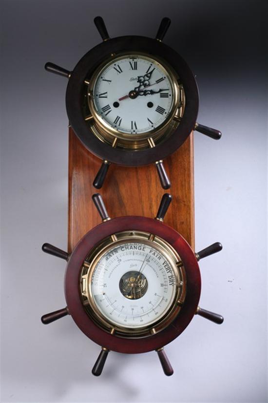 Appraisal: SCHATZ MOUNTED SHIP'S BELL CLOCK AND BAROMETER - in long