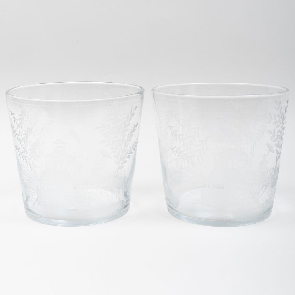 Appraisal: Pair of Chinoiserie Etched Glass Wine Coolers x in diam