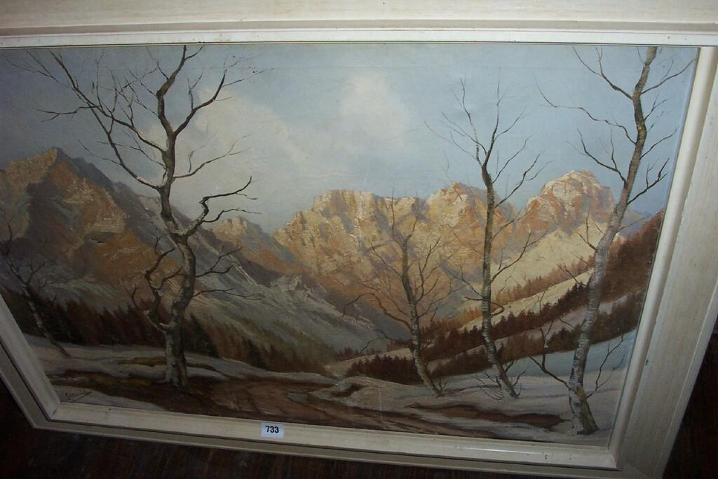 Appraisal: An oil painting on canvas of a mountainous winter landscape