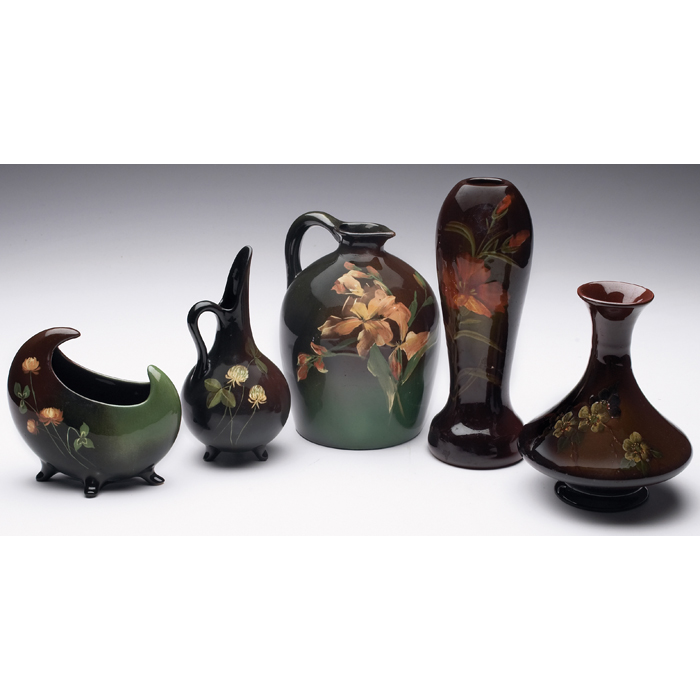 Appraisal: Owens vessels all in brown glazes with floral designs most