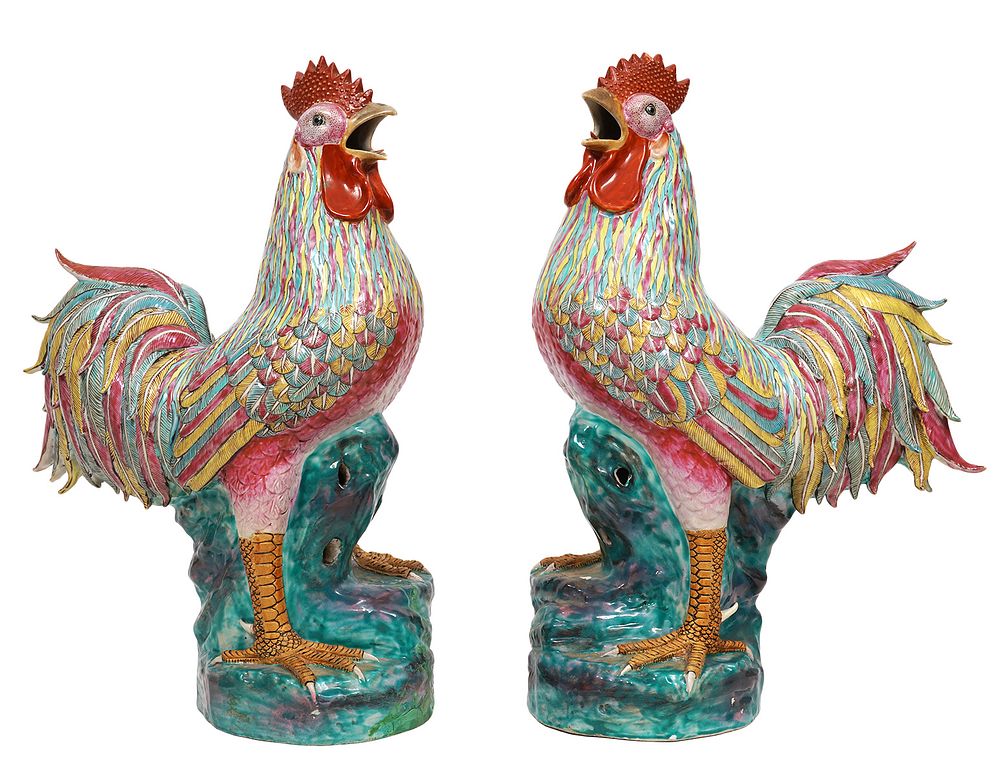 Appraisal: LARGE Pair Chinese Famille Rose Porcelain Roosters Proper pair of