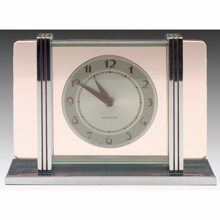 Appraisal: Art Deco cock pink tinted glass with chrome columns and