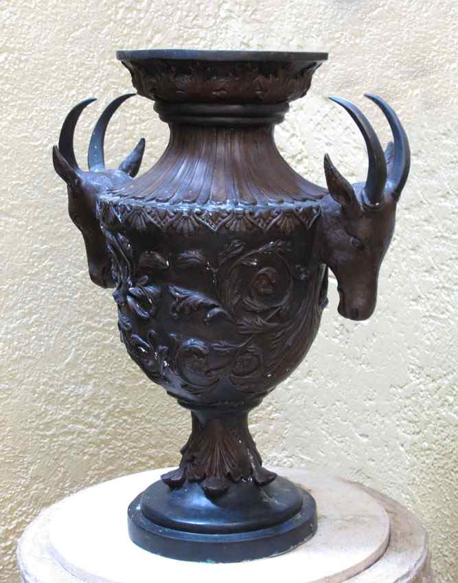 Appraisal: LARGE DECORATIVE CAST BRONZE URN Horned deer handles approx ''