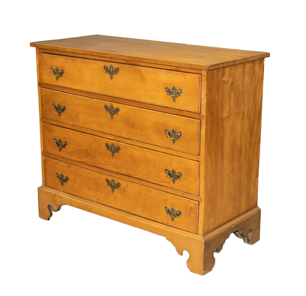 Appraisal: COUNTRY CHIPPENDALE FOUR DRAWER MAPLE CHEST Chest with overhanging top