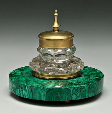 Appraisal: Glass malachite inkwell brass mounted glass inkwell with polished base